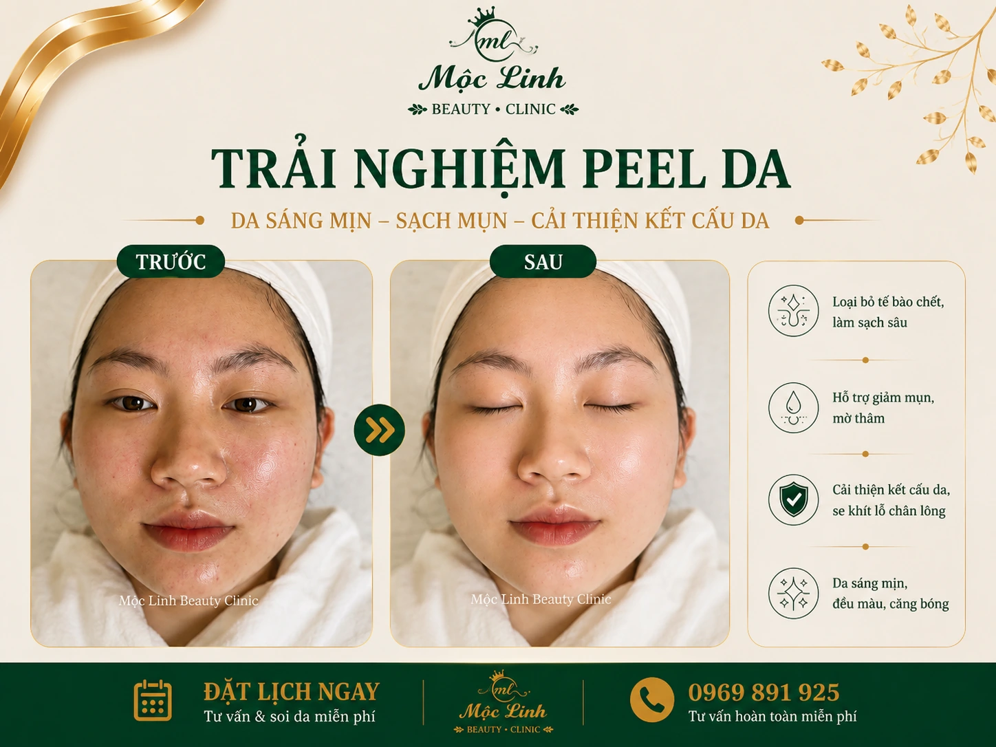 Kết quả peel da tại Thẩm Mỹ viện Mộc Linh